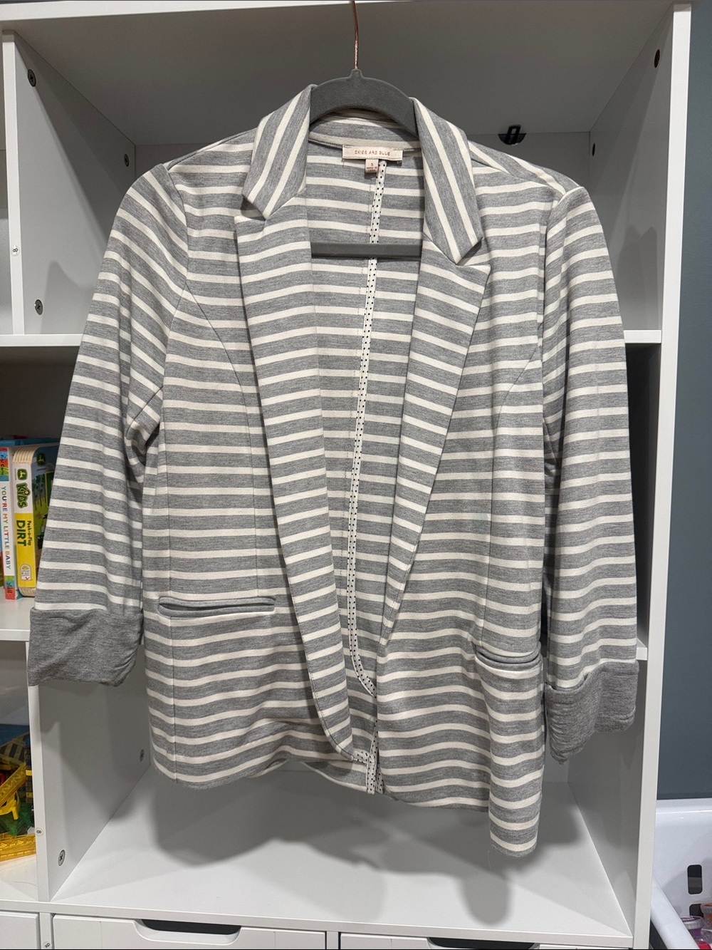 Skies Are Blue Gray & White Striped Knit Open Blazer